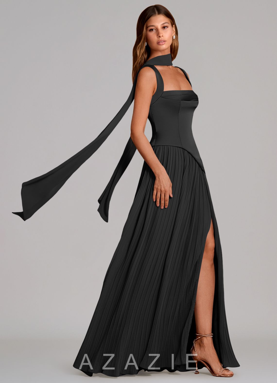 Azazie Stephanie Black A-Line Pleated Stretch Satin Dress black