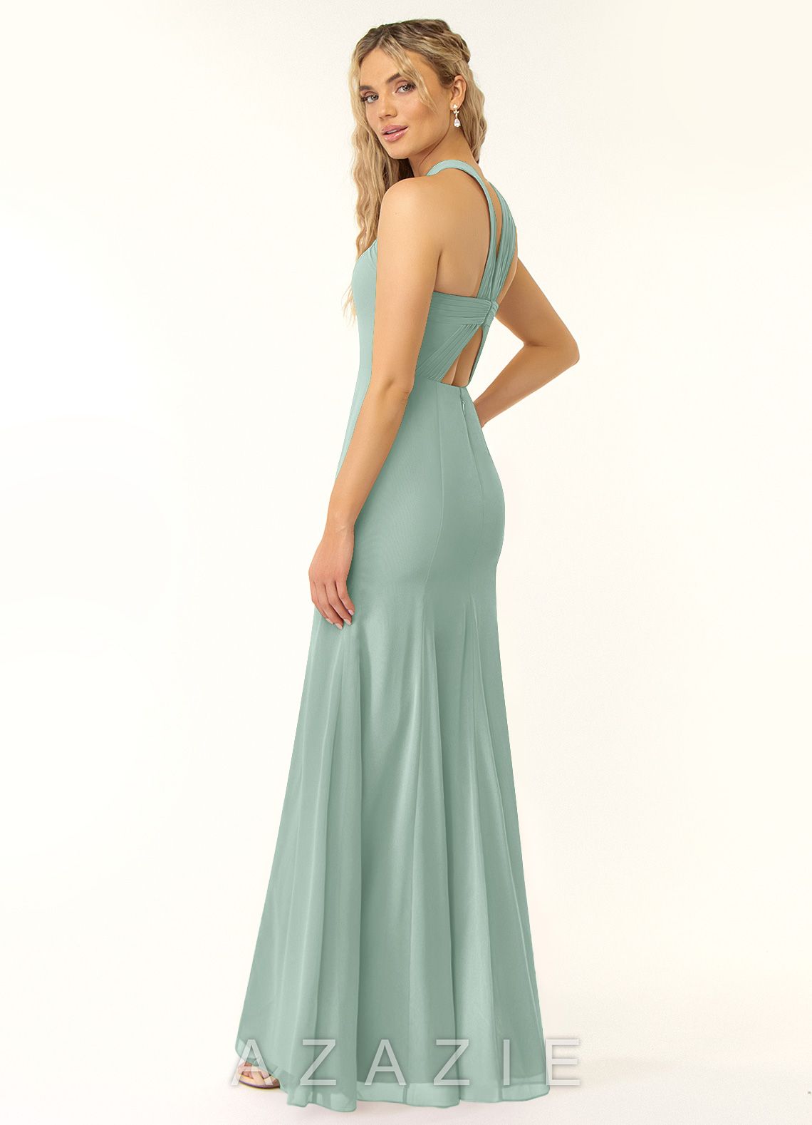 Azazie Rue Agave A-Line Halter Chiffon Dress agave
