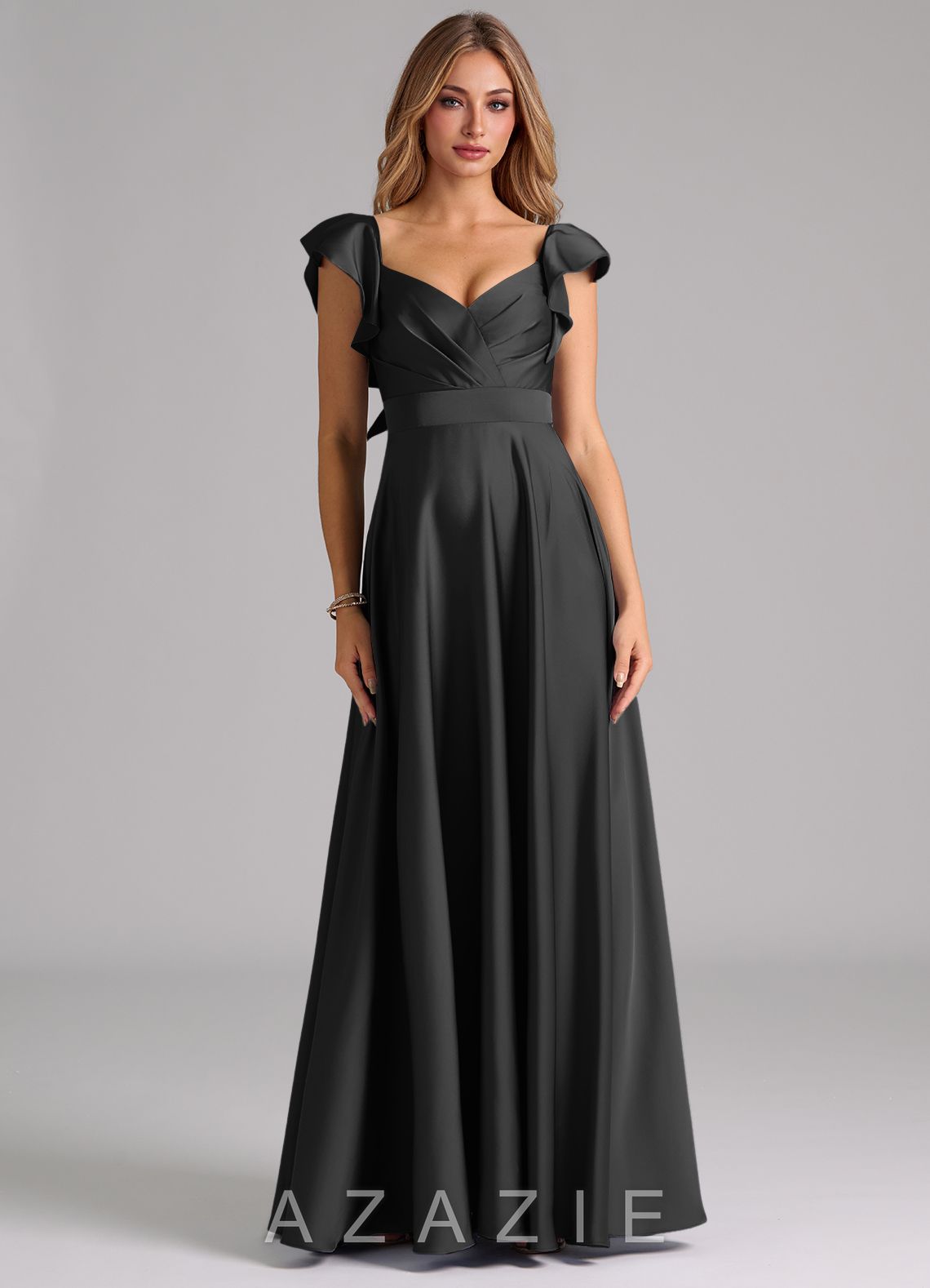 Azazie Leilani Black A-Line Ruched Stretch Satin Dress black