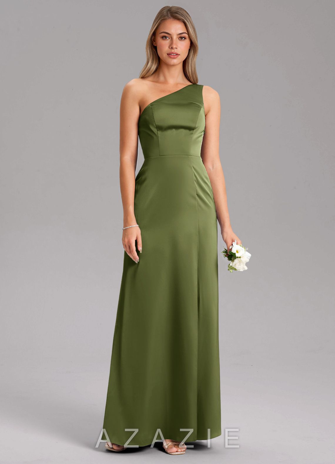 Azazie Phaedra Olive A-Line One Shoulder Stretch Satin Dress olive