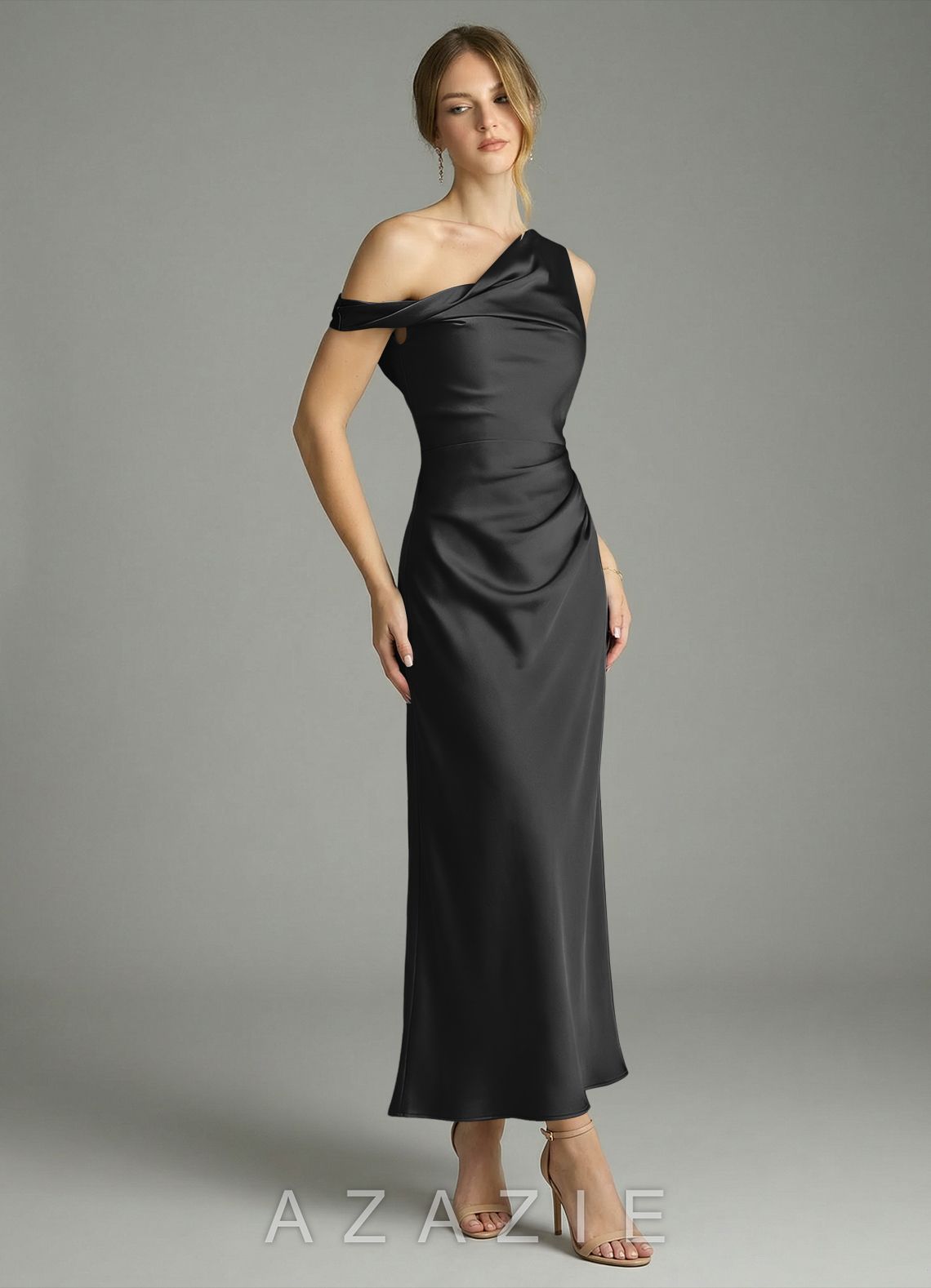 Azazie Emerson Black Mermaid Off the Shoulder Stretch Satin Dress black