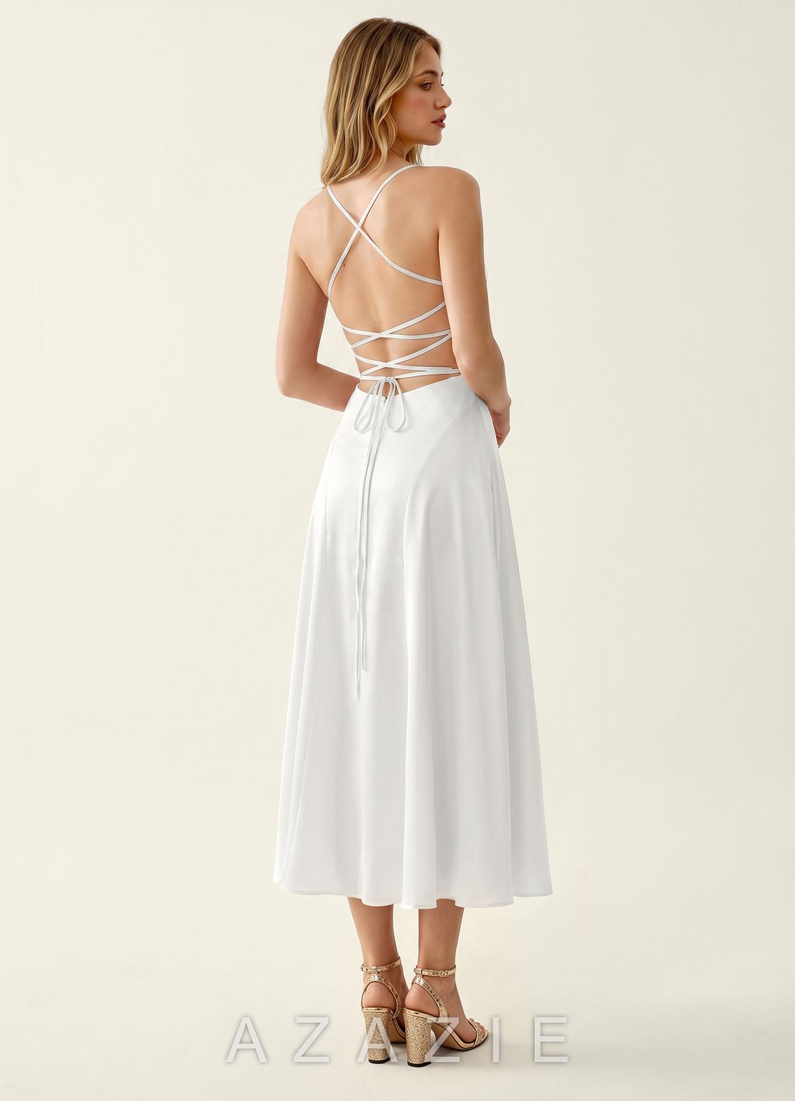 Madeleine White Satin Lace Up Back Midi A-line Graduation Dress