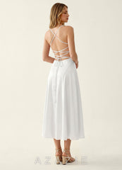 Madeleine White Satin Lace Up Back Midi A-line Graduation Dress