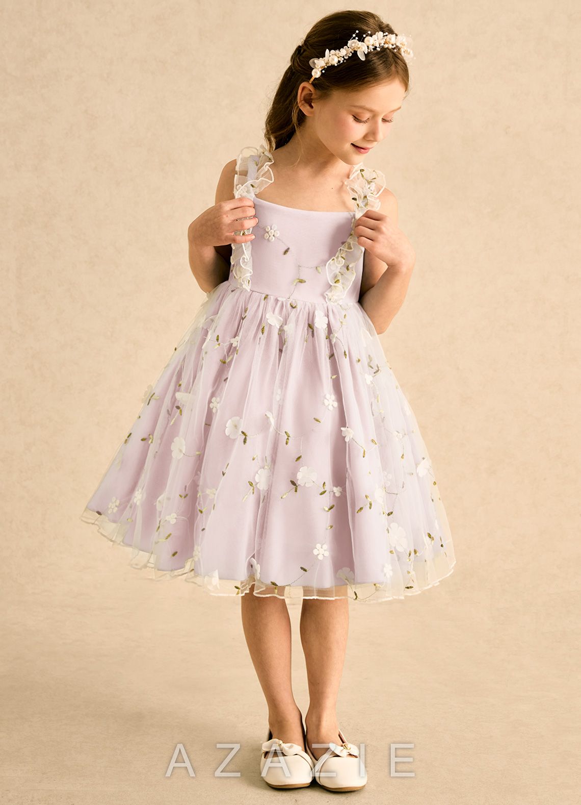 Azazie Krissie Blushing Pink A-Line Ruched Tulle Dress