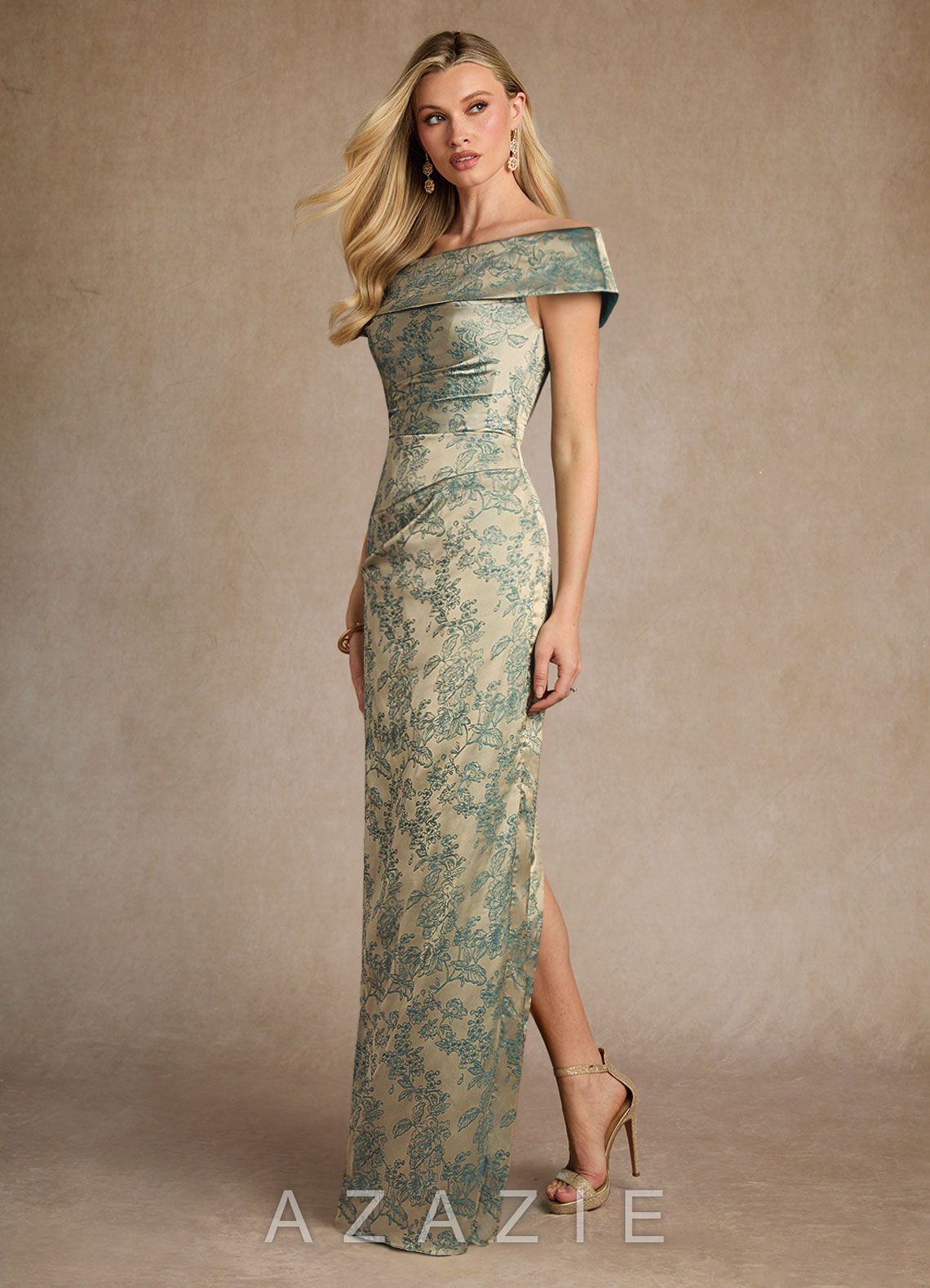 Azazie Kenosha Platinum Teal Sheath Off the Shoulder Floral Jacquard Dress platinum_teal