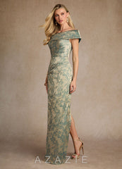 Azazie Kenosha Platinum Teal Sheath Off the Shoulder Floral Jacquard Dress platinum_teal