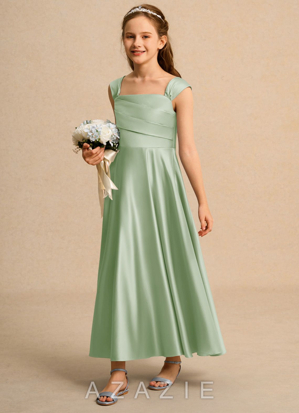 Azazie Bundle Girls Formal Dusty Sage A-Line Pleated Matte Satin Dress dusty_sage