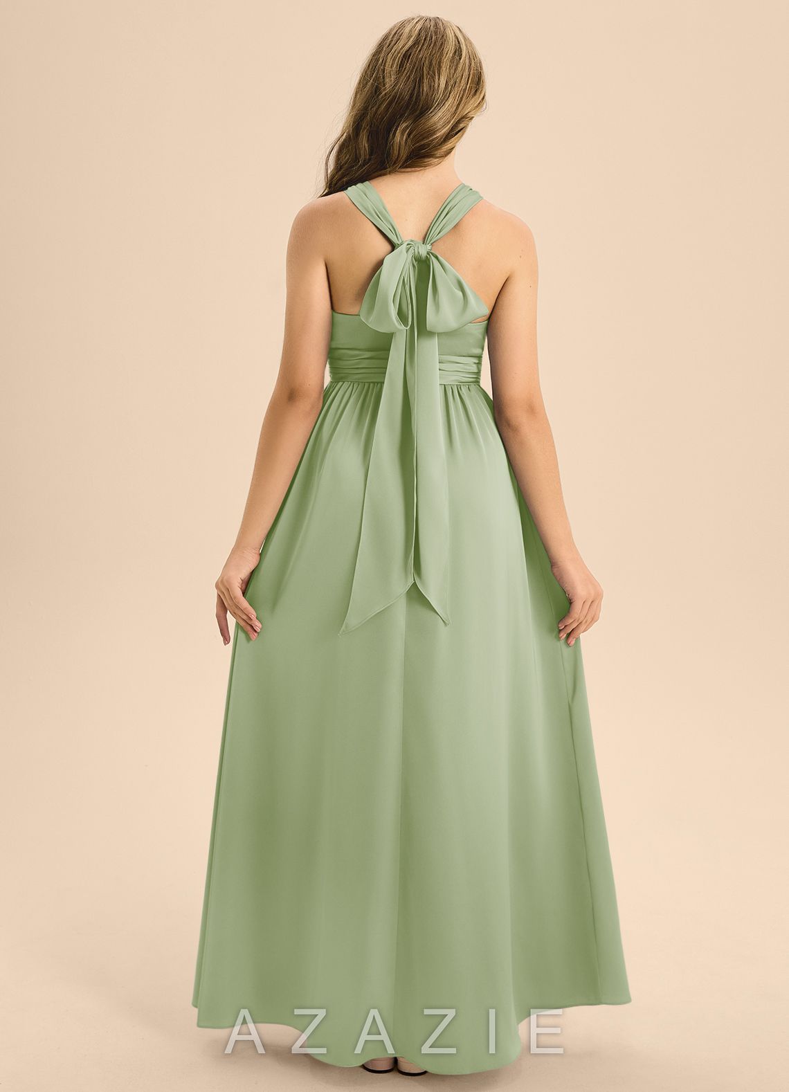 Azazie Jaylah Junior Dusty Sage A-Line Pleated Stretch Satin Dress dusty_sage