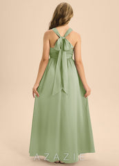 Azazie Jaylah Junior Dusty Sage A-Line Pleated Stretch Satin Dress dusty_sage
