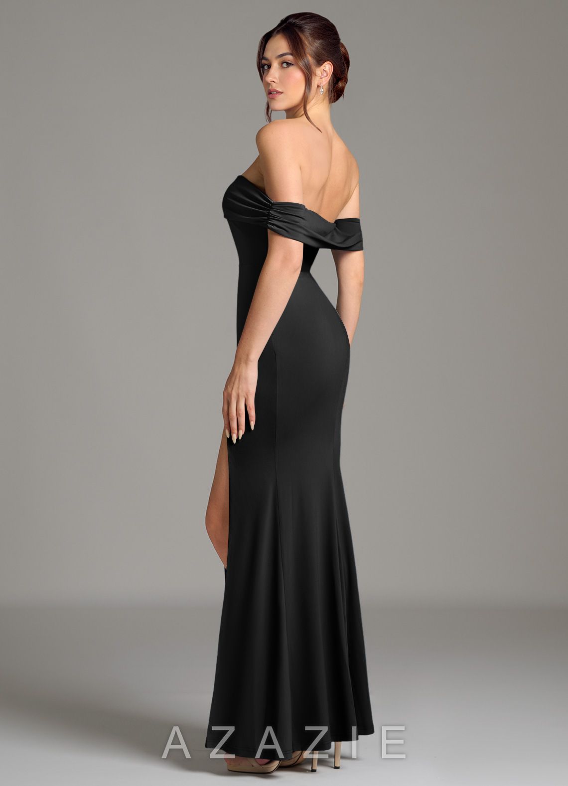 Azazie Evangelia Black Mermaid Off the Shoulder Premium Stretch Jersey Dress black