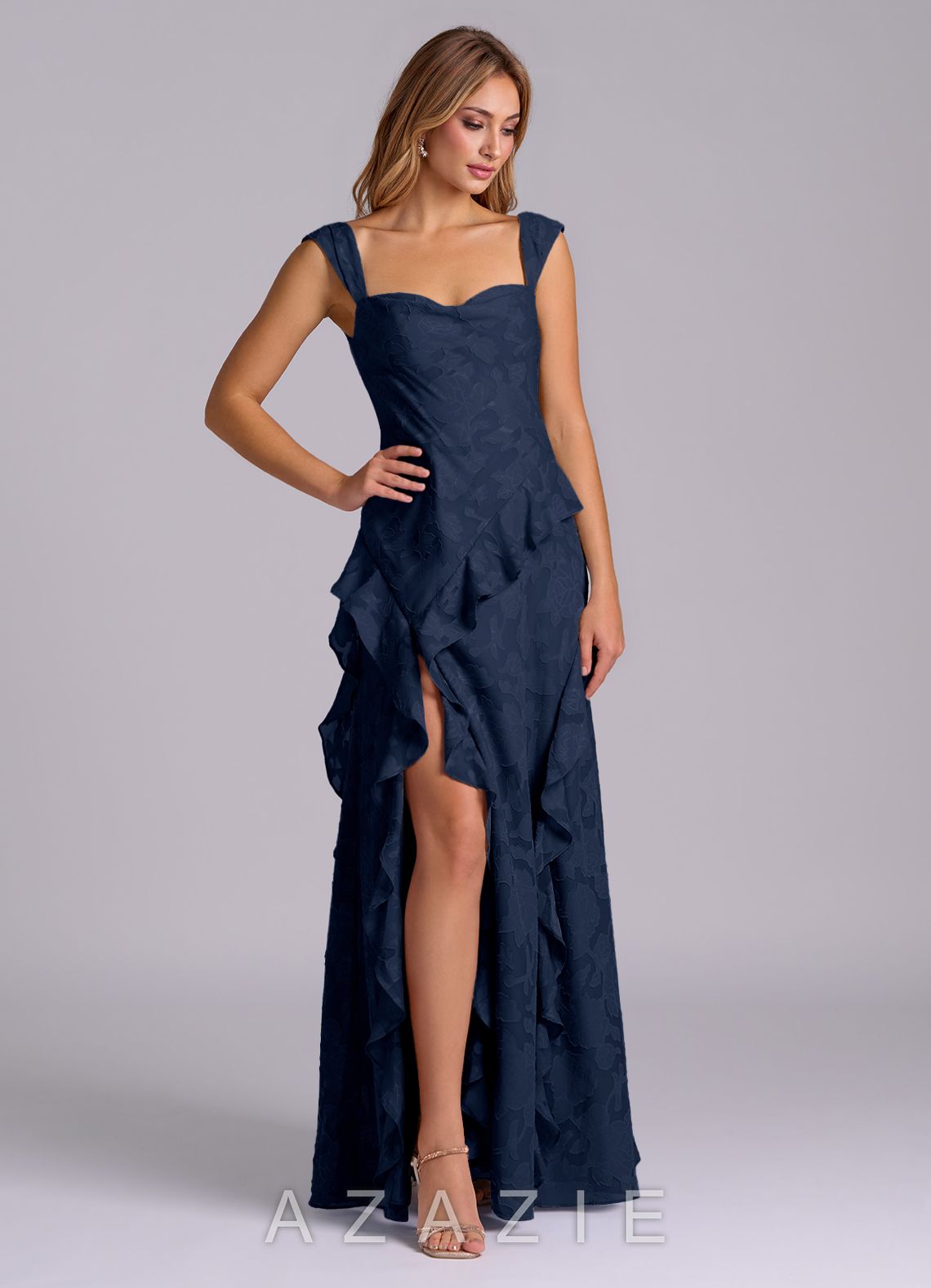 Azazie Sloane Dark Navy A-Line Sweetheart Neckline Floral Burnout Dress dark_navy