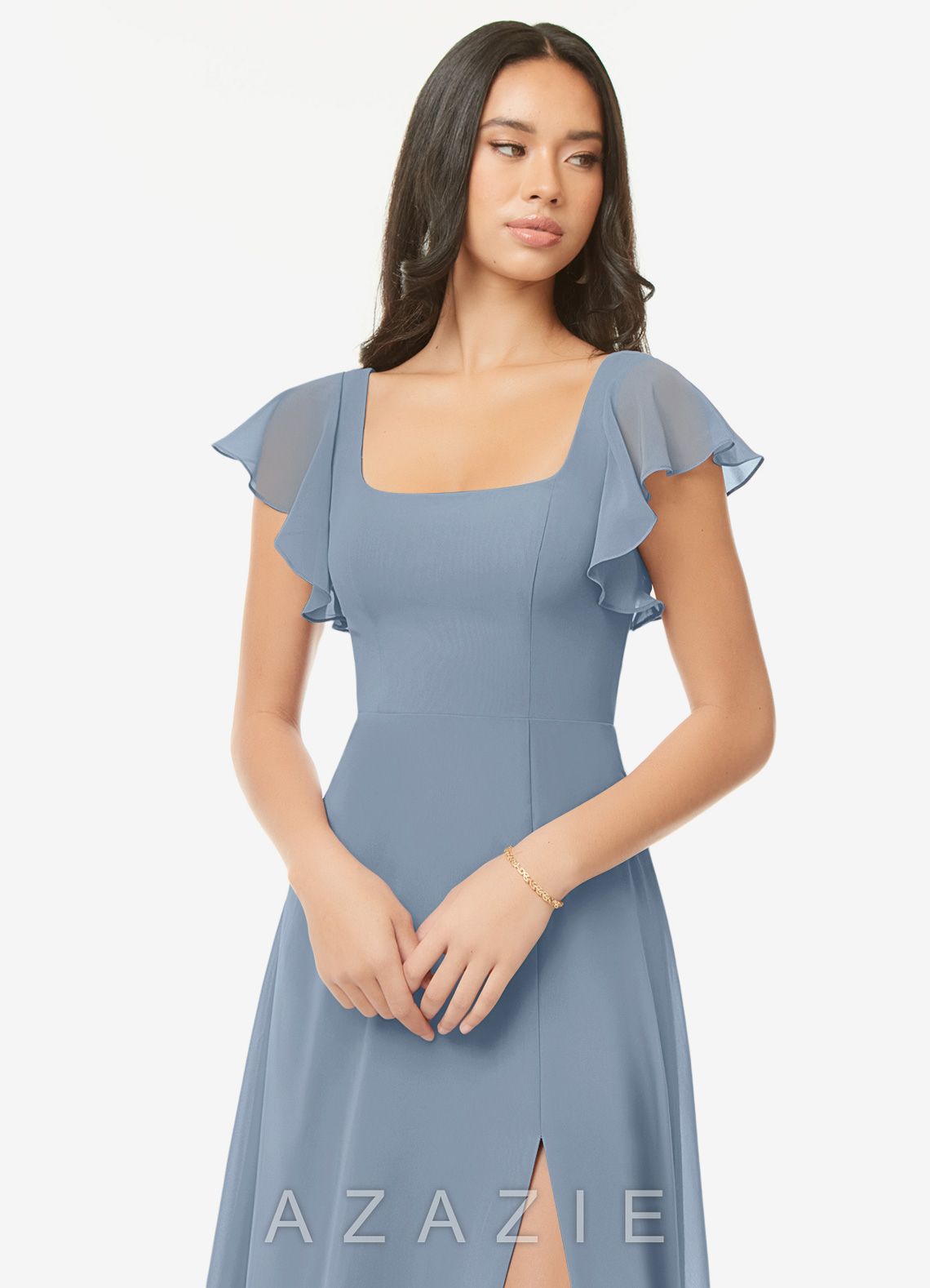 Azazie Bondi Dusty Blue A-Line Ruffled Chiffon Dress dusty_blue