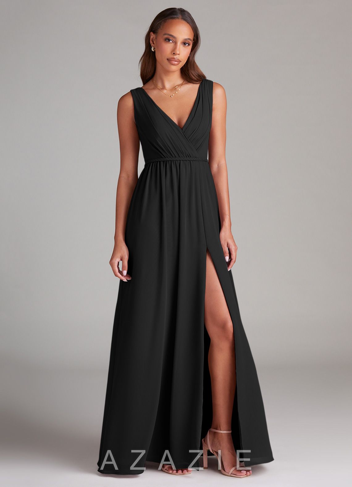Azazie Tanicia Black A-Line Pleated Chiffon Dress black