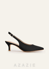 Matching Color Matte Satin Pointed Toe Slingback Kitten Heel