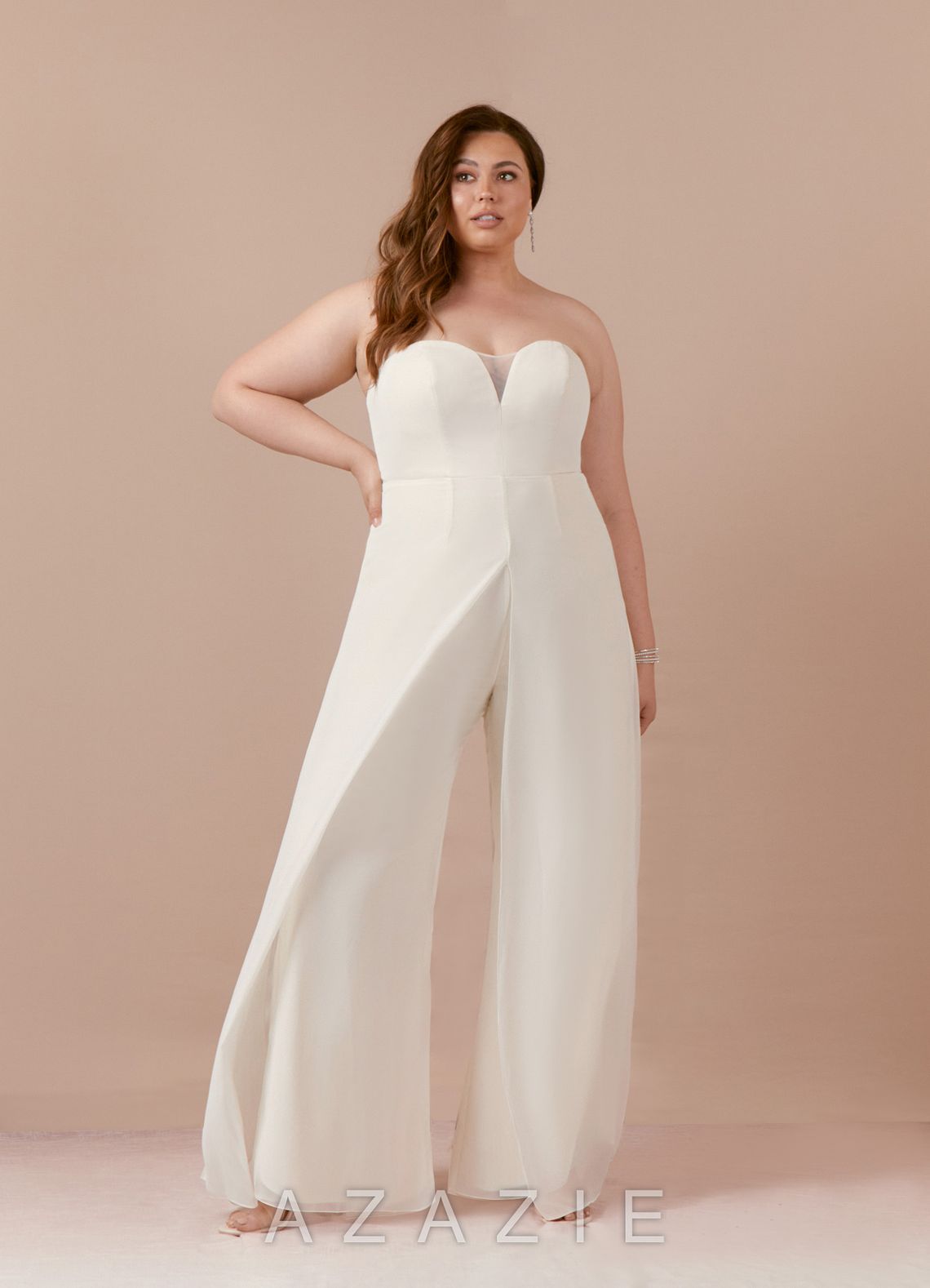 Azazie Tamara Wedding Dress Diamond White Pant Styles Strapless Chiffon Dress diamond_white