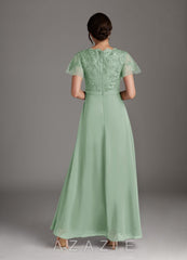 Azazie Singer Agave A-Line V-Neck Lace Chiffon Dress agave