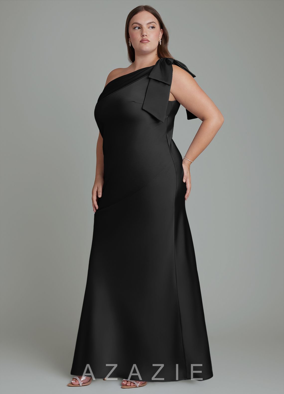 Azazie Yuanna Black Mermaid One Shoulder Stretch Satin Dress black