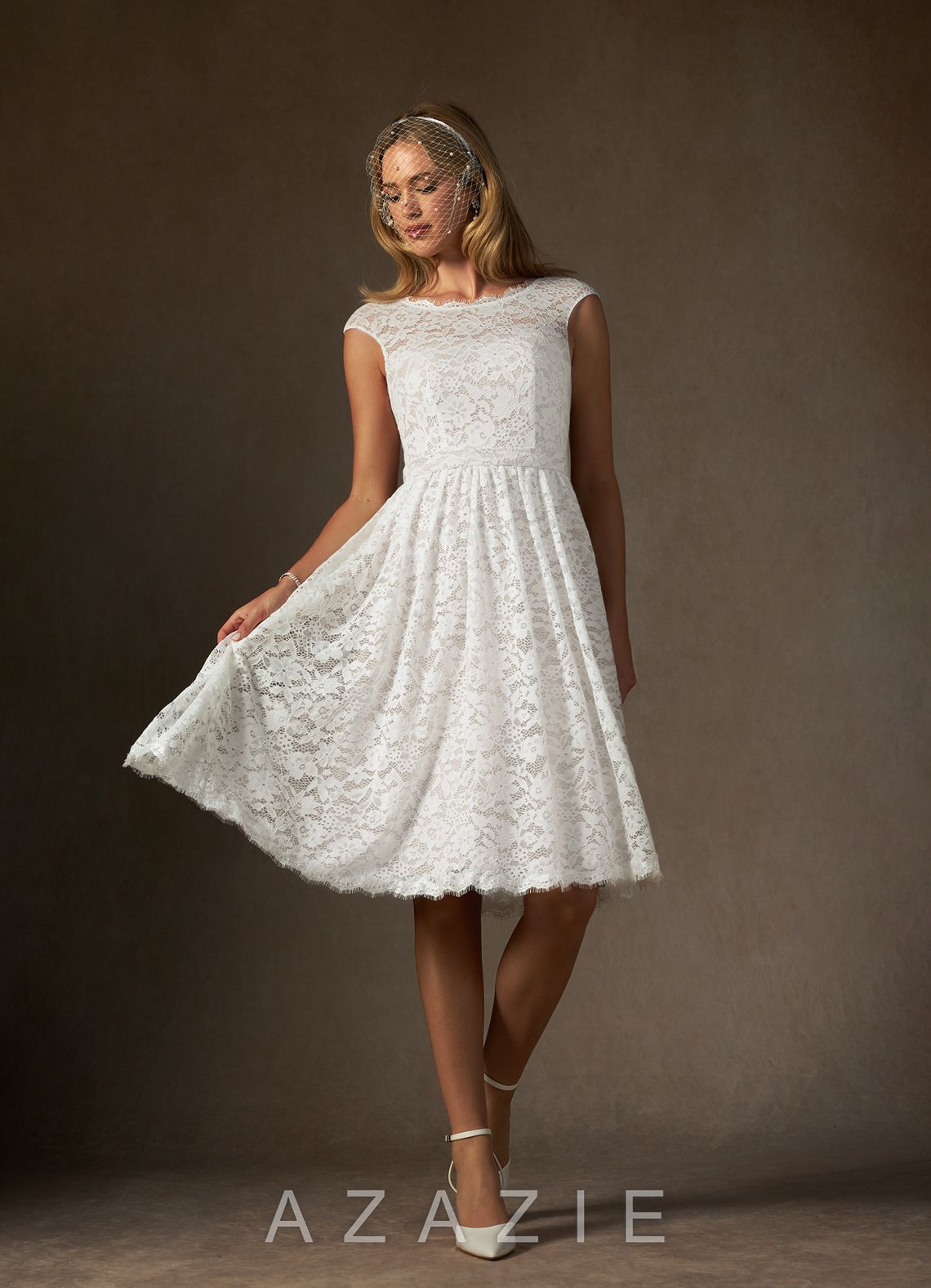 Azazie Ginnie Wedding Dress Diamond White A-Line Lace Dress