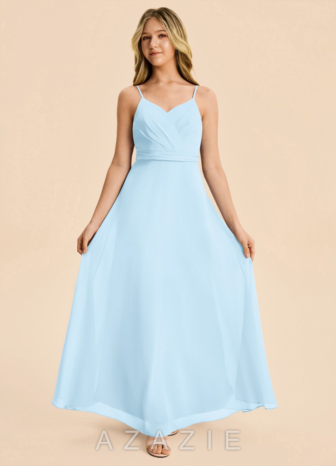 Azazie Tenzly Junior Sky Blue A-Line Pleated Chiffon Dress sky_blue