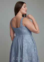 Azazie Amalie Dusty Blue A-Line Pleated Floral Burnout Dress dusty_blue