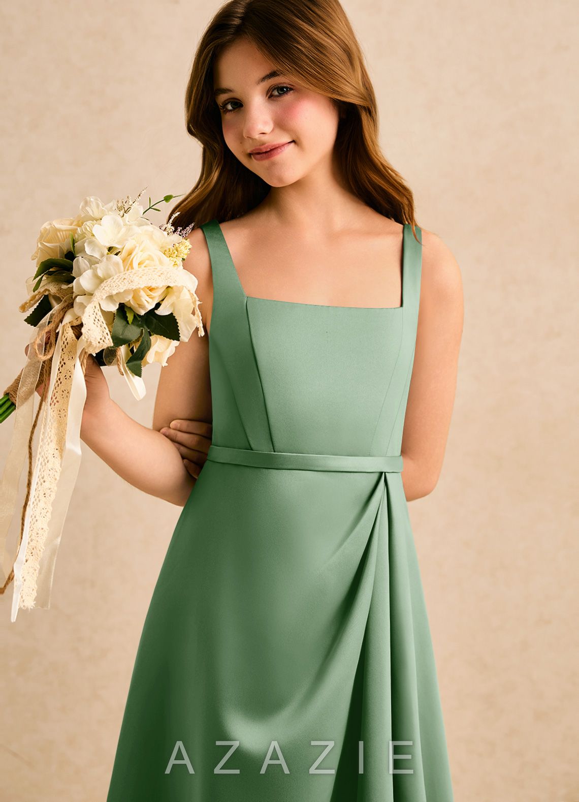 Azazie Emiko Girls Formal Matcha A-Line Pleated Matte Satin Dress matcha