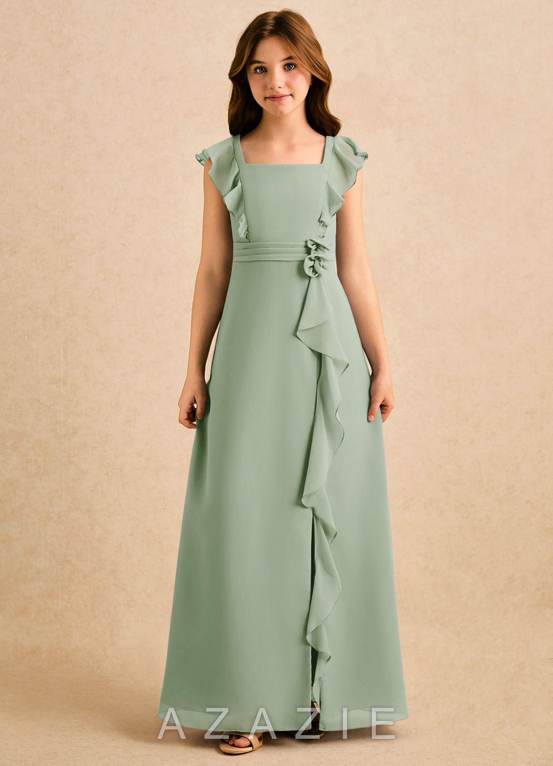 Azazie Soso Girls Formal Dusty Sage A-Line Pleated Chiffon Dress dusty_sage