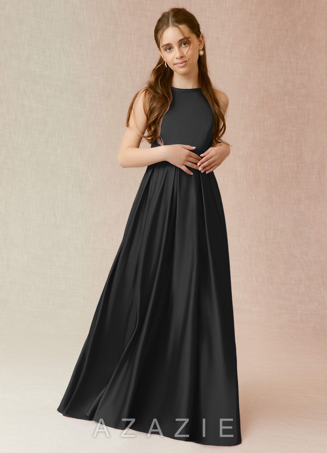 Azazie Arianthe Junior Black A-Line with Pockets Stretch Satin Dress black