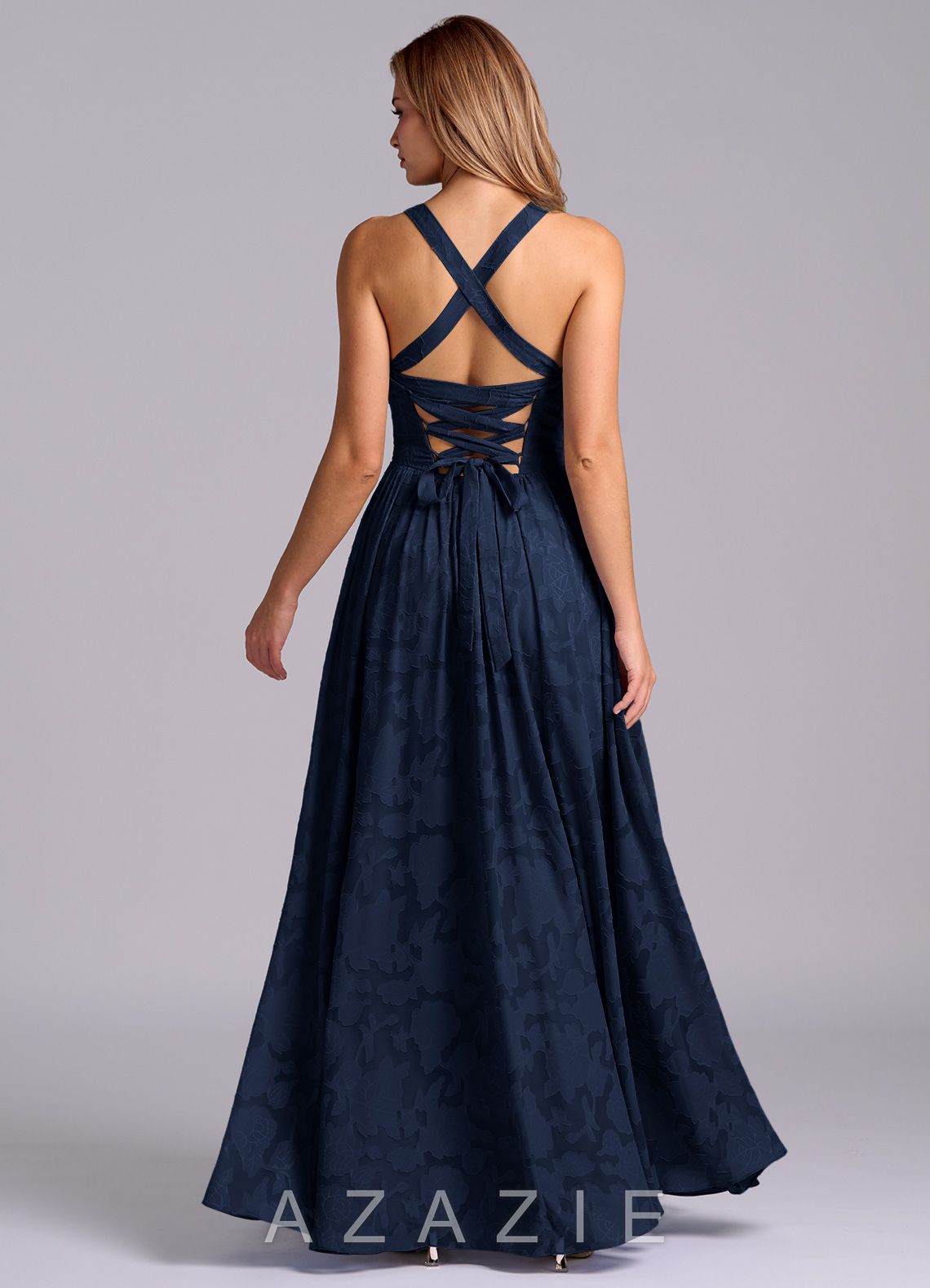 Azazie Francis Dark Navy A-Line Corset Floral Burnout Dress dark_navy