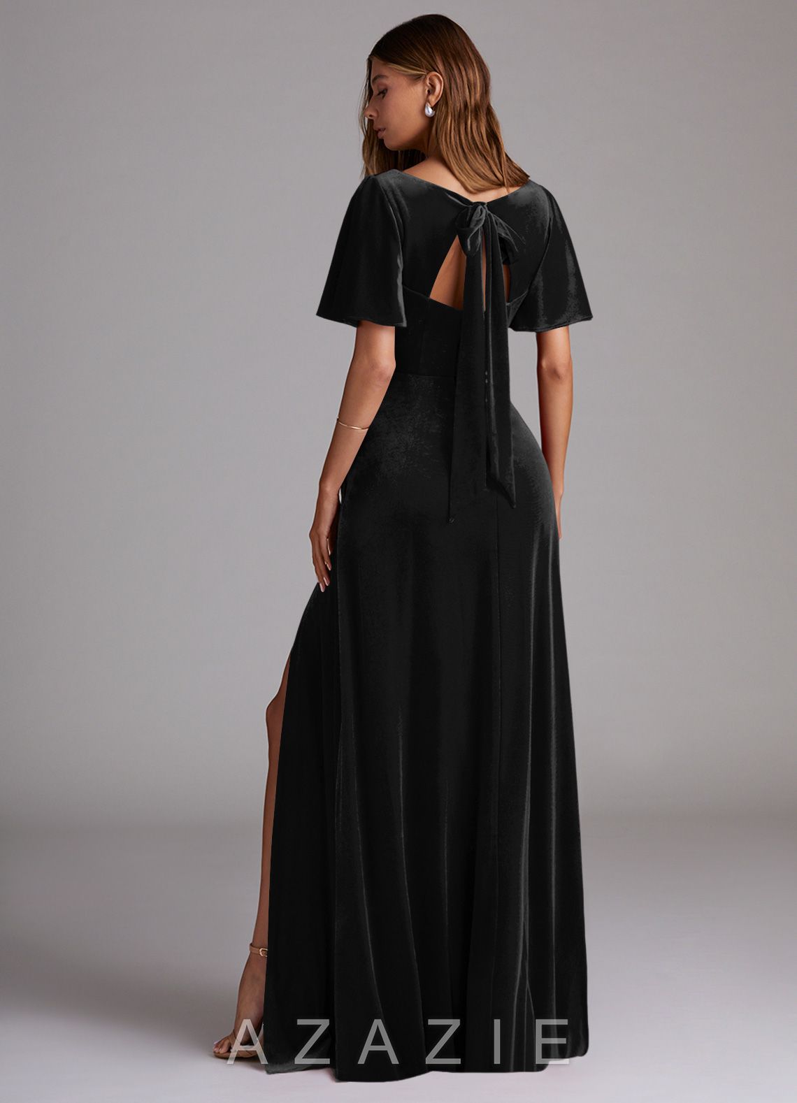 Azazie Kimber Black A-Line with Pockets Velvet Dress black