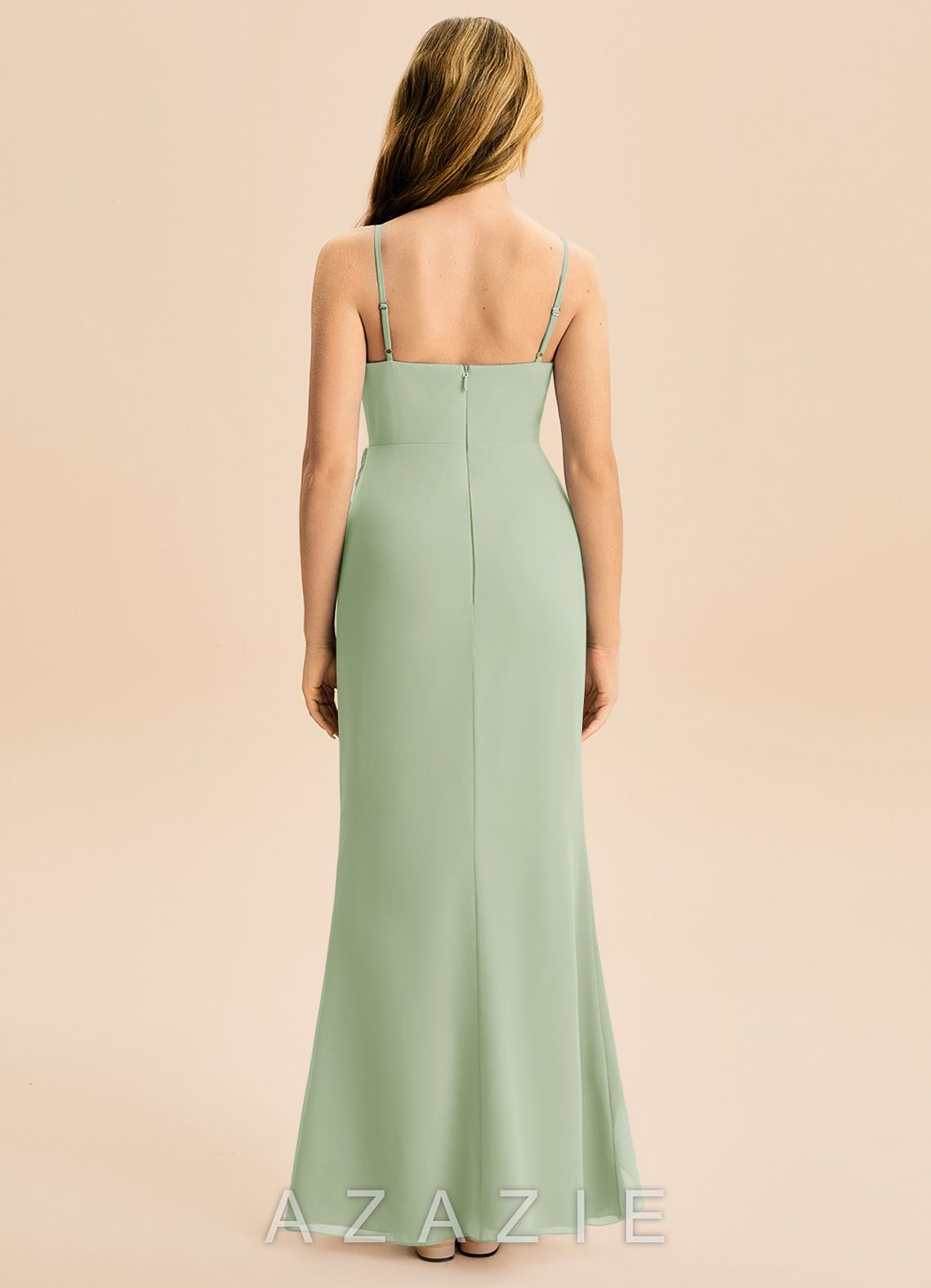 Azazie Buzzy Junior Dusty Sage Sheath Pleated Chiffon Dress dusty_sage