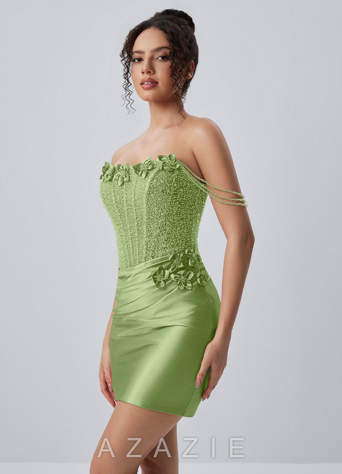 Ophelianaire Basil Corset Beading Rhinestones 3D Flowers Stretch Satin Mini Dres