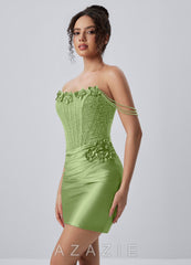 Ophelianaire Basil Corset Beading Rhinestones 3D Flowers Stretch Satin Mini Dres