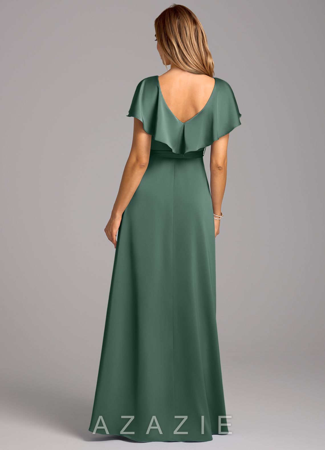 Azazie Lainey Eucalyptus A-Line with Pockets Stretch Satin Dress eucalyptus
