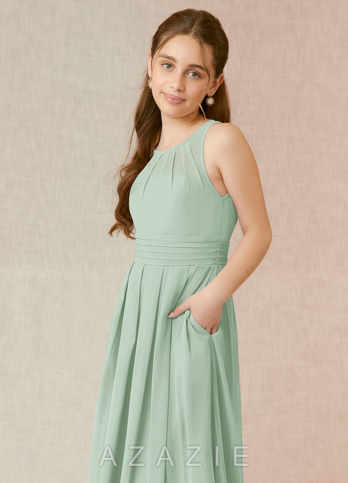 Azazie Bibiane Junior Agave A-Line Pleated Chiffon Dress agave