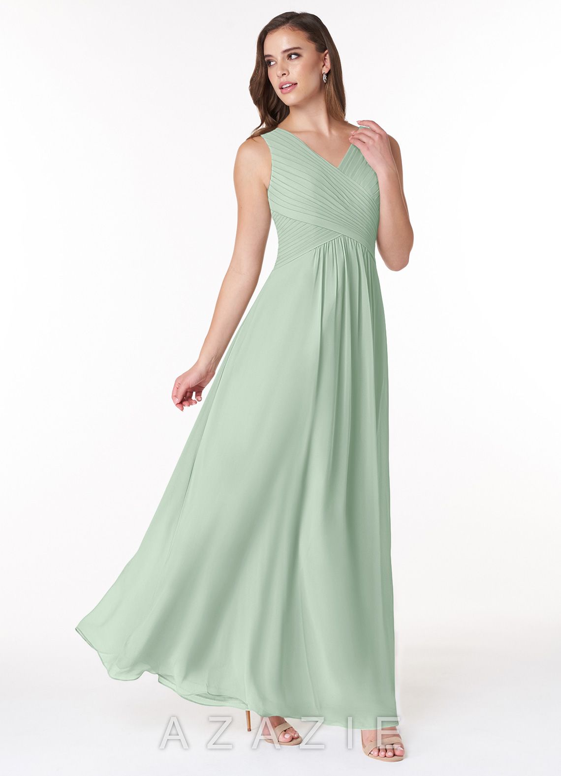 Azazie Flora Agave A-Line Pleated Chiffon Dress agave