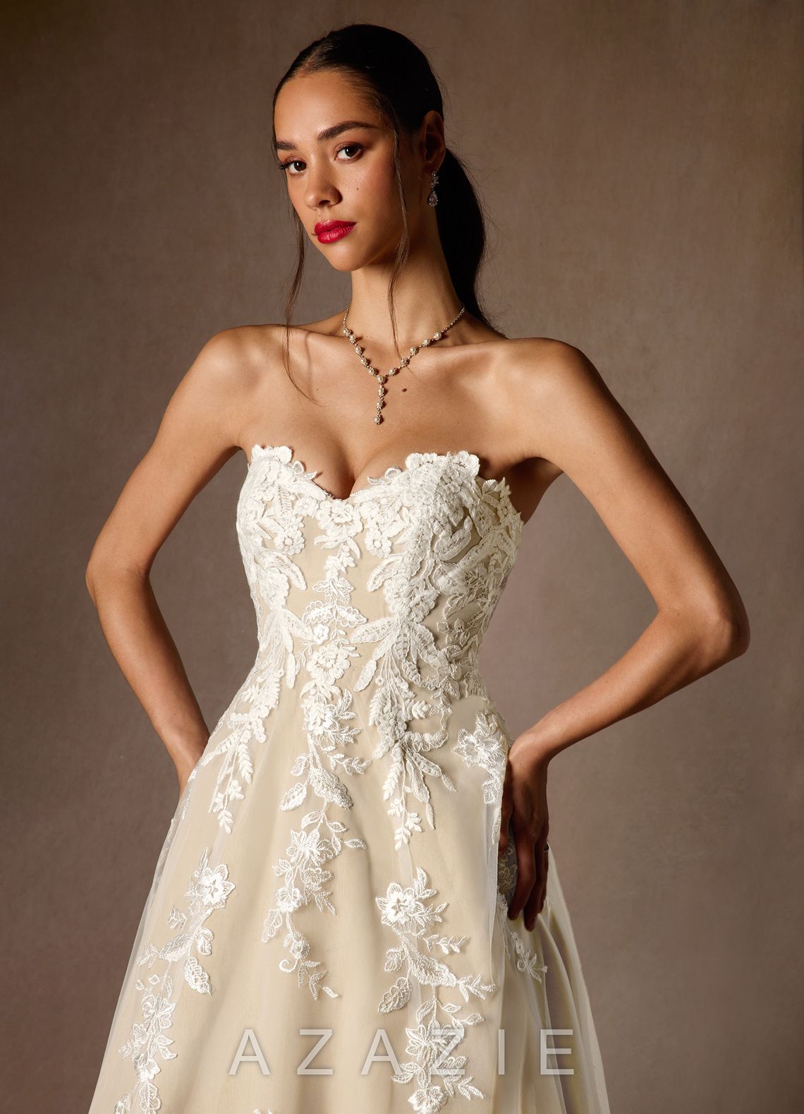 Azazie Madeleine Diamond White Champagne Ball-Gown Strapless Lace Dress