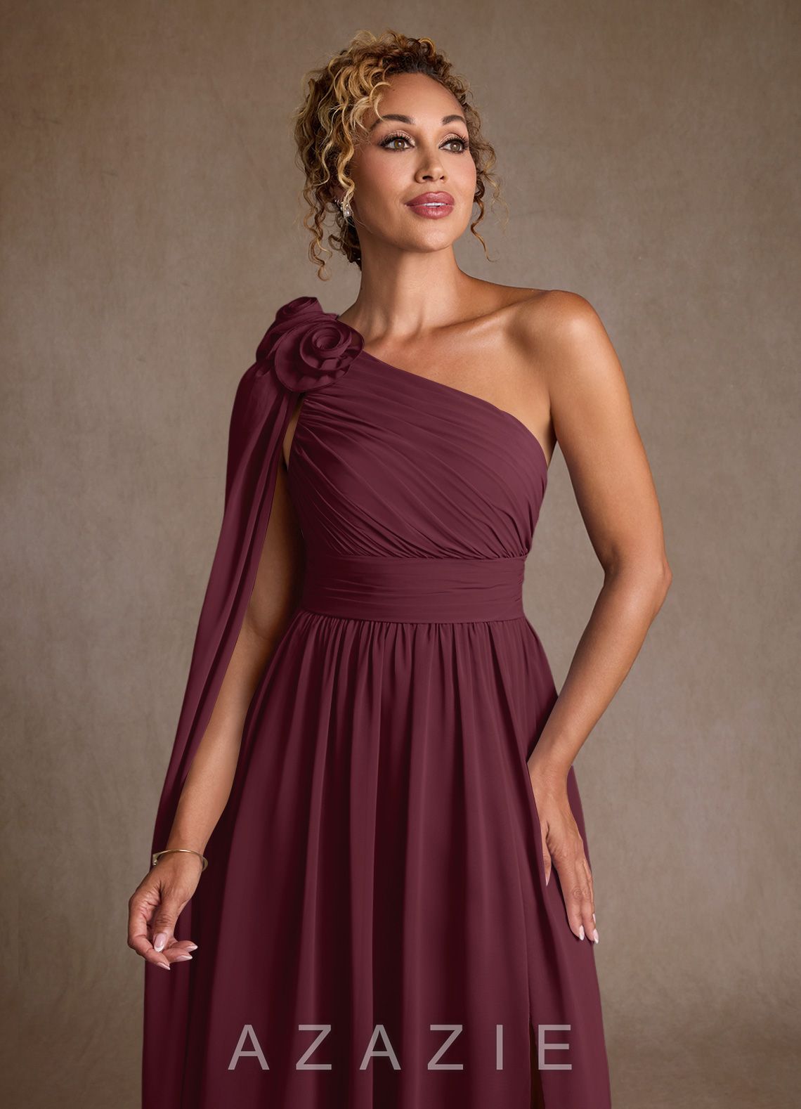 Azazie Lancaster Cabernet A-Line One Shoulder Chiffon Dress cabernet
