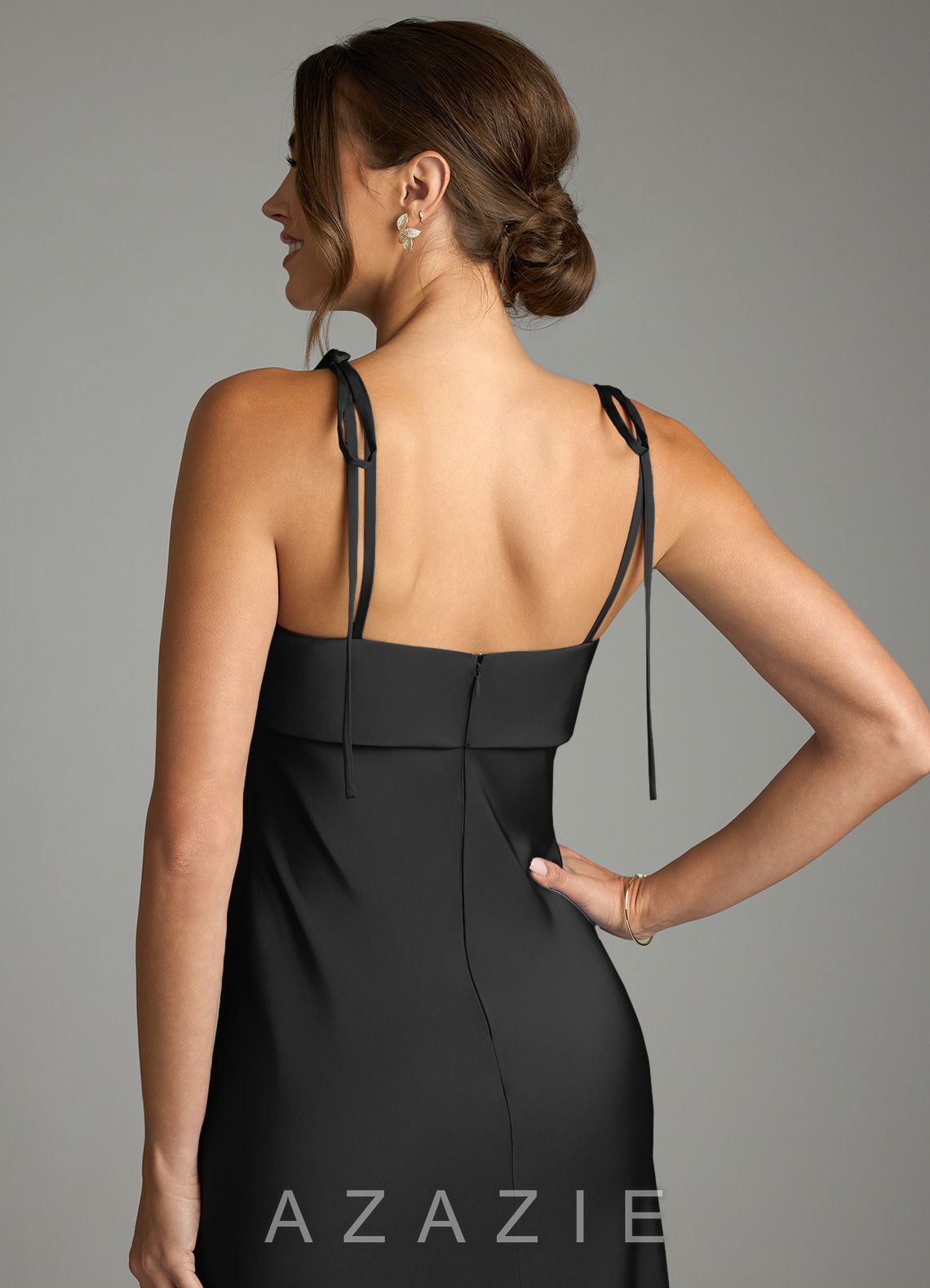 Azazie Ellia Black Sheath Bow Stretch Satin Dress black