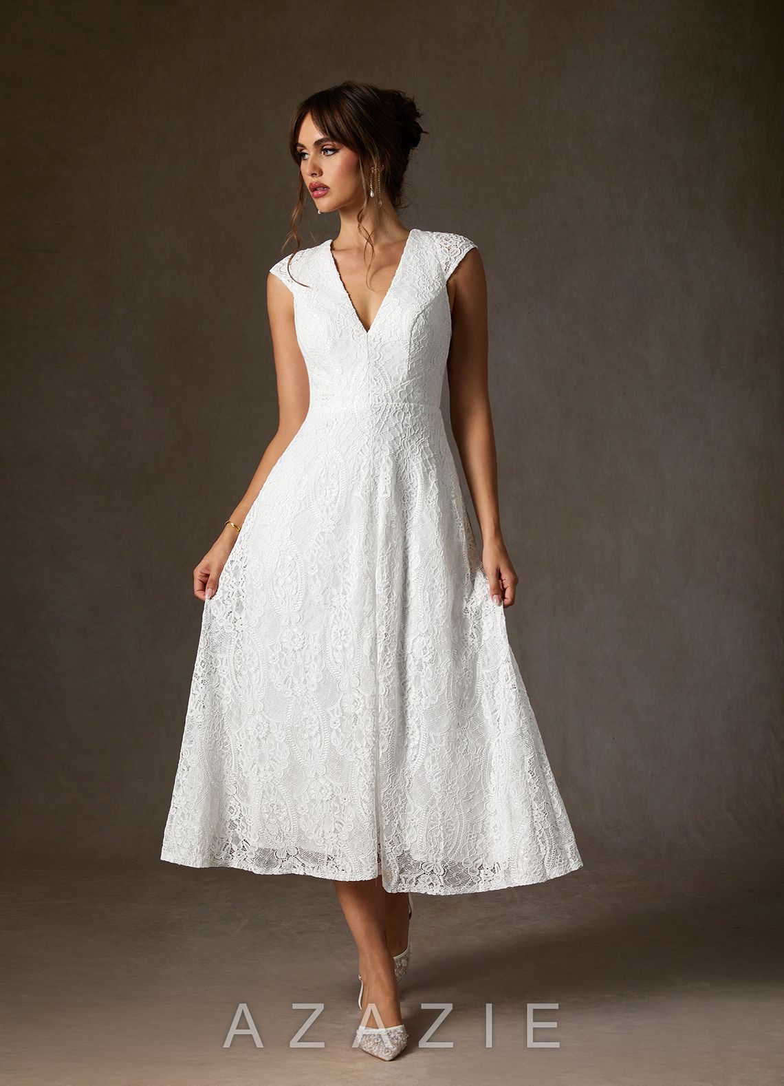 Azazie Lilly Wedding Dress Diamond White A-Line Lace Dress