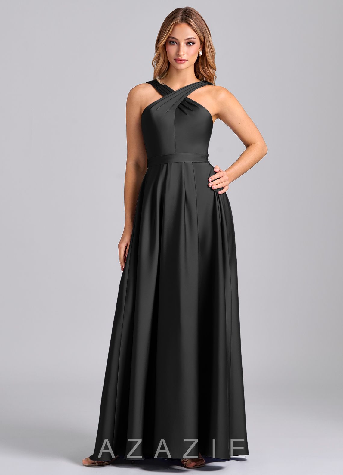 Azazie Dixie Black A-Line Pleated Stretch Satin Dress