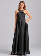 Azazie Dixie Black A-Line Pleated Stretch Satin Dress