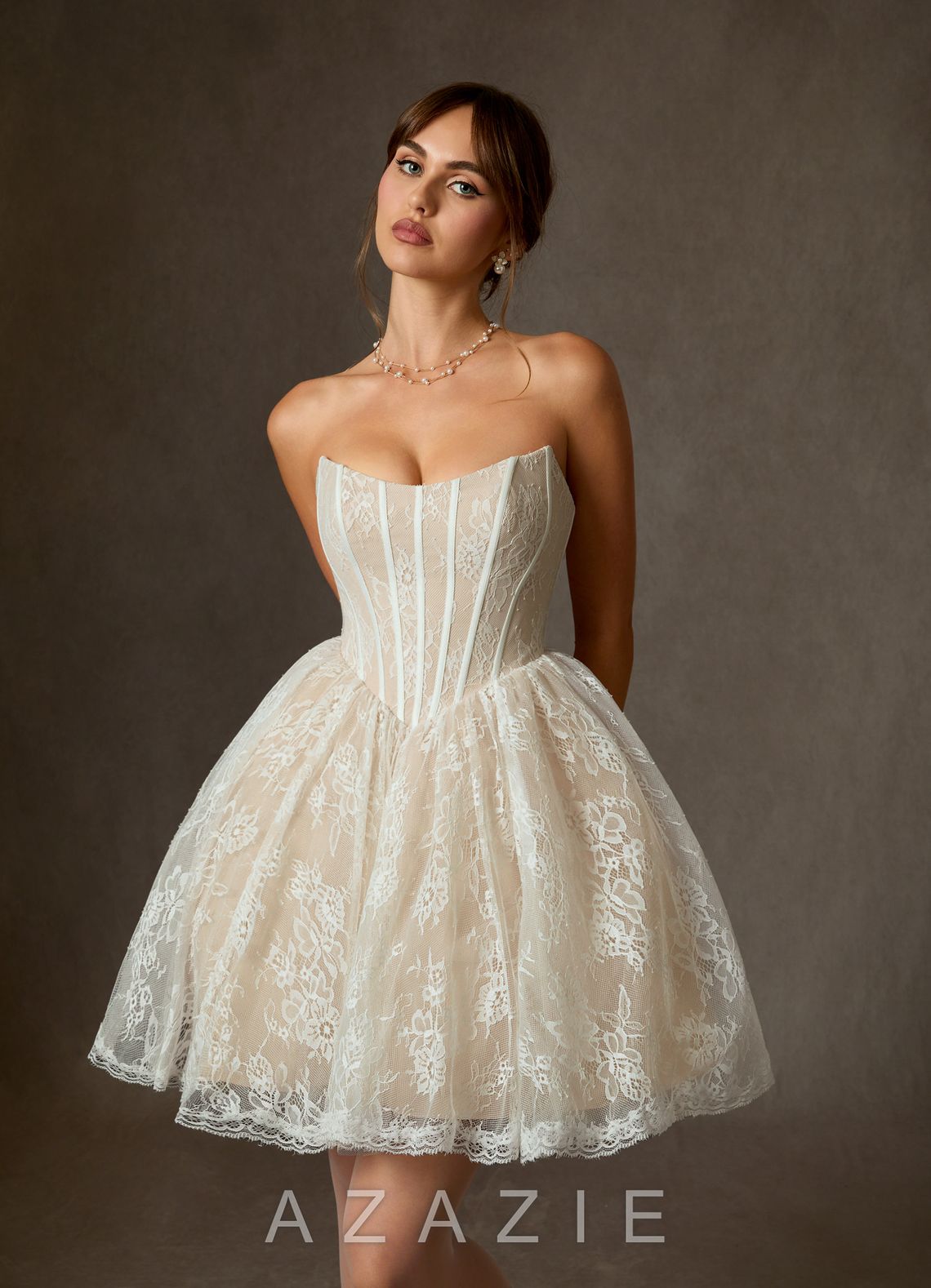 Azazie Clover Diamond White Champagne Ball-Gown Strapless Lace Dress diamond_white/champagne