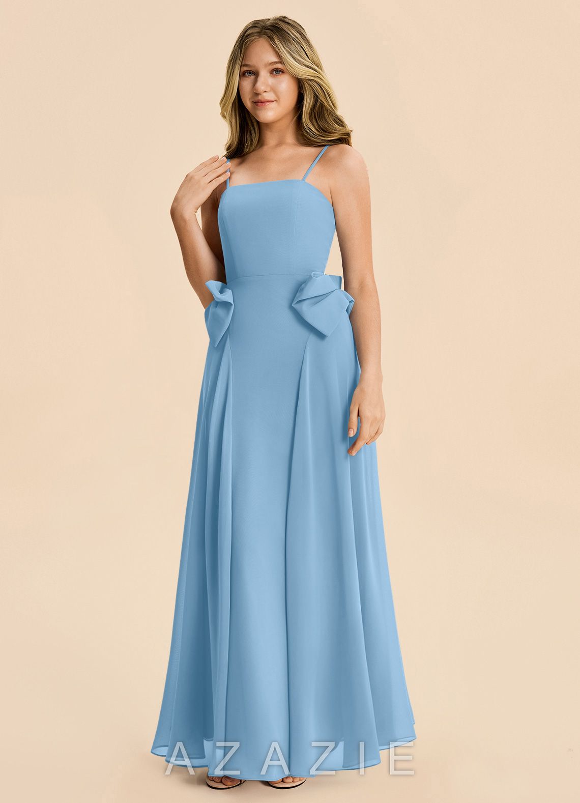 Azazie Nyah Junior Steel Blue A-Line Pleated Chiffon Dress steel_blue