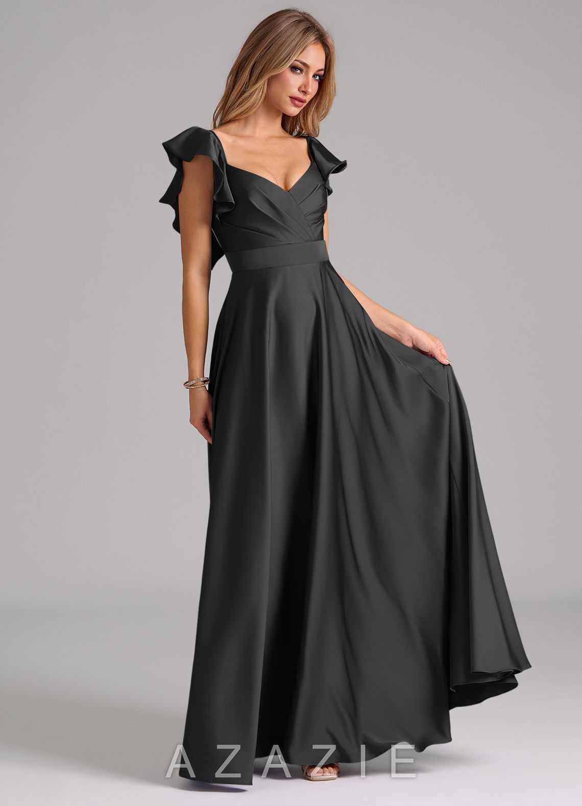 Azazie Leilani Black A-Line Ruched Stretch Satin Dress black