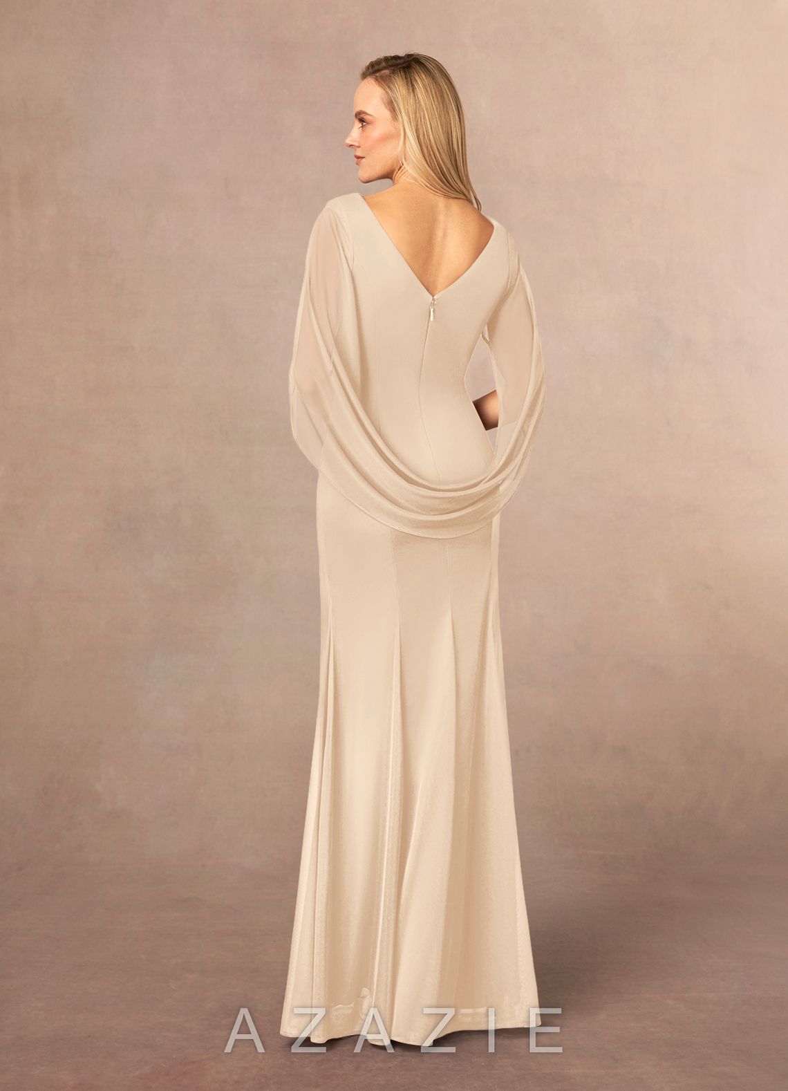 Azazie Belladonna Champagne Mermaid Scoop Pleated Mesh Dress champagne