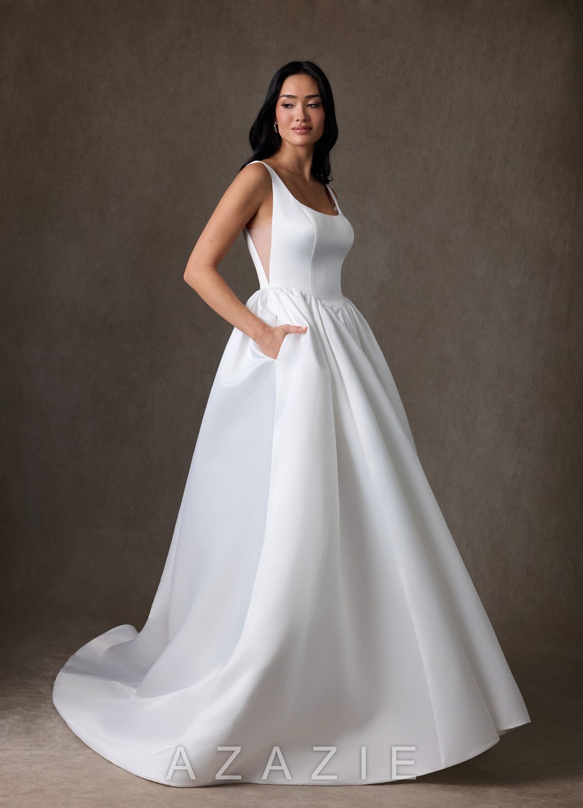 Azazie Skylin Diamond White Ball-Gown with Pockets Satin Dress diamond_white