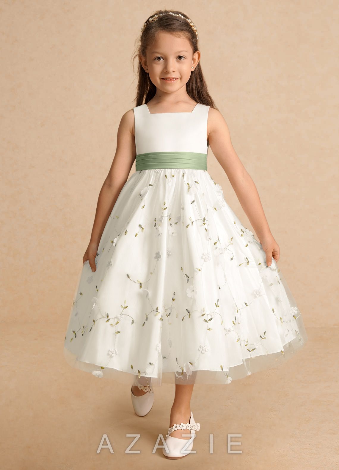 Azazie Pollie Ivory Dusty Sage A-Line Bow Tulle Dress ivory/dusty_sage