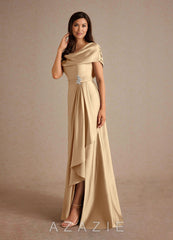Azazie Branford Champagne A-Line Pleated Stretch Satin Dress champagne