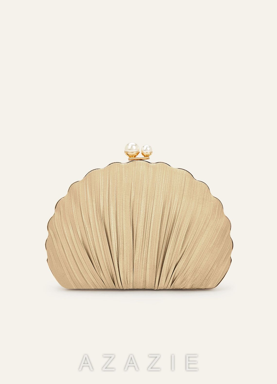 Matching Color Metallic Satin Pearl Strap Pointed Toe Block Heels & Shell-Shape Pleated Clutch Bag  champagne