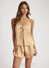 Bows Satin Cami and Shorts Pajama Set  champagne